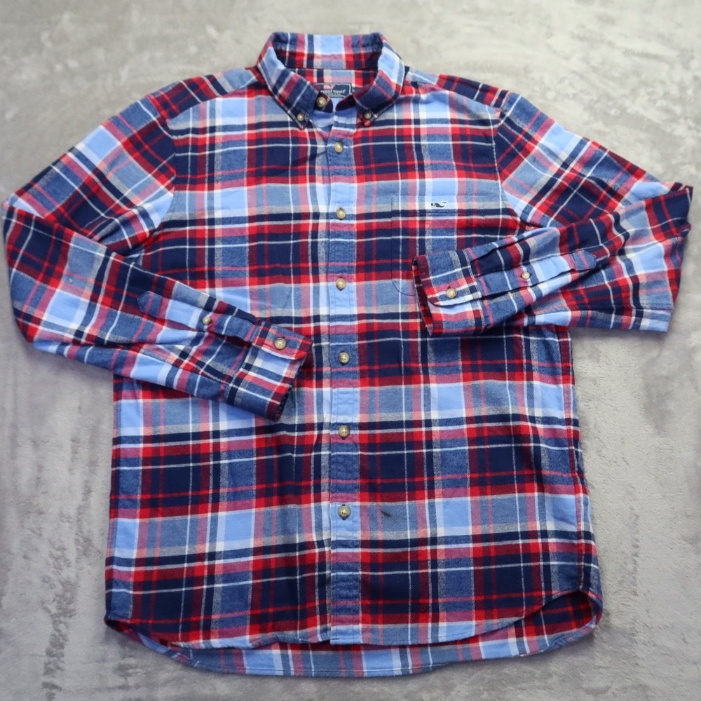 Vineyard Vines Men's M Red White Blue‎ Plaid Flannel Button Down Shirt Whale